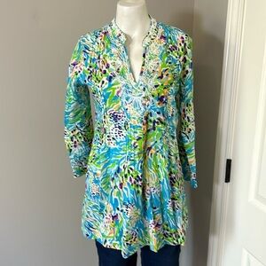 Lilly Pulitzer Sarasota Sea Soiree Beaded VNeck Cotton Tunic Top Green Blue Sz S